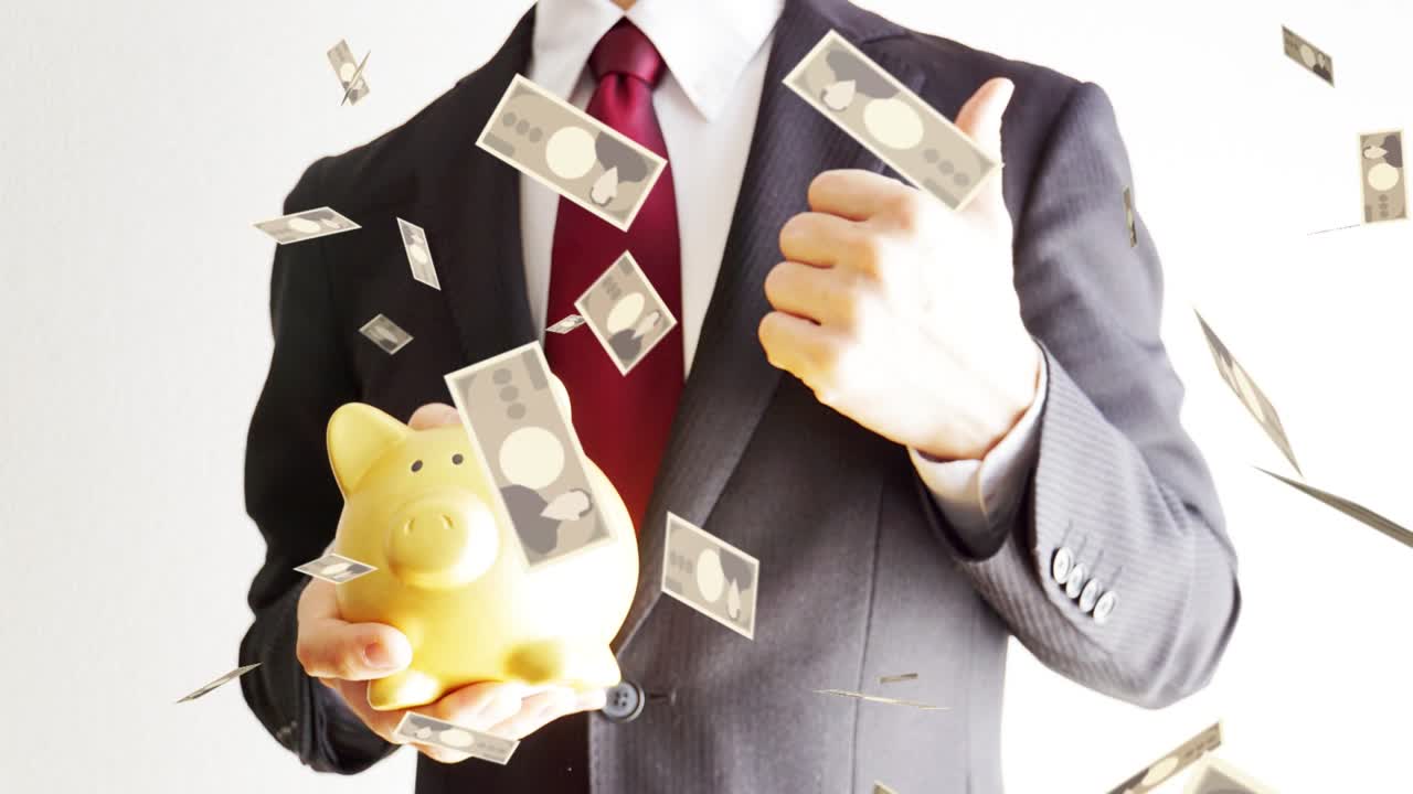 사업가들과 돈이 공중에 날아다니고 있습니다.