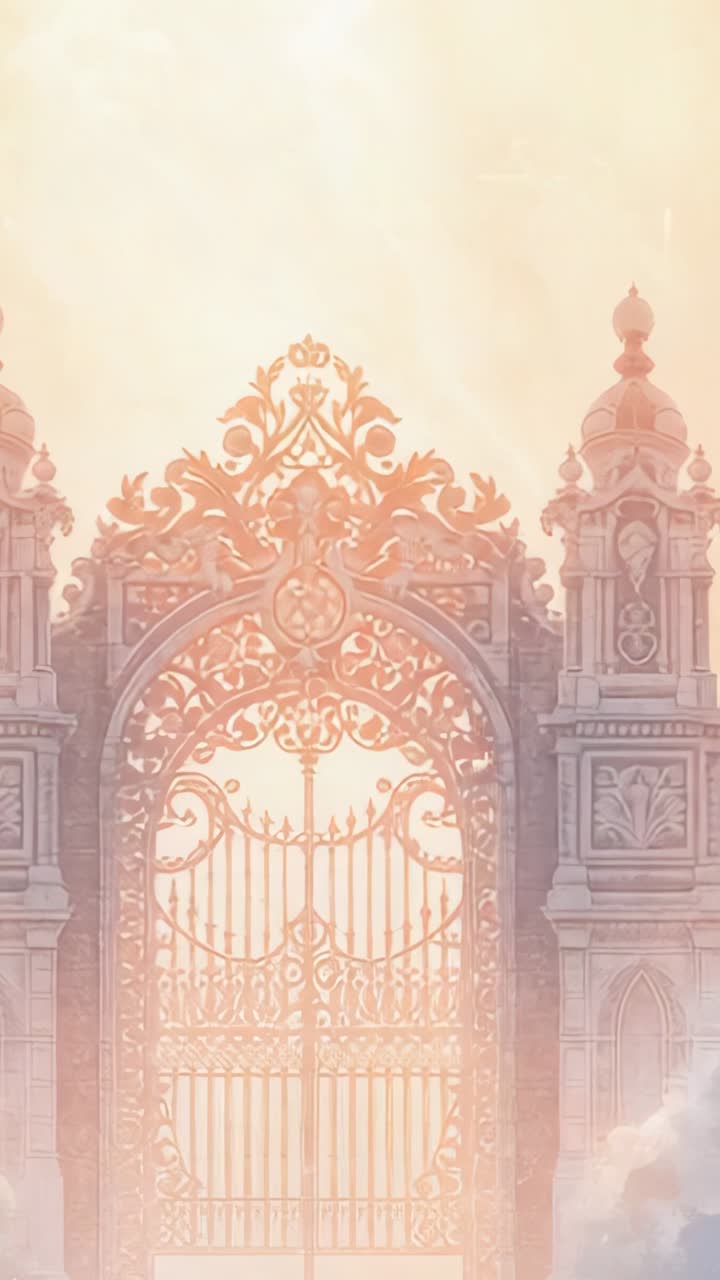 Vertical video: Emerging orb casting golden rays over filigree gate and pillars atop clouds