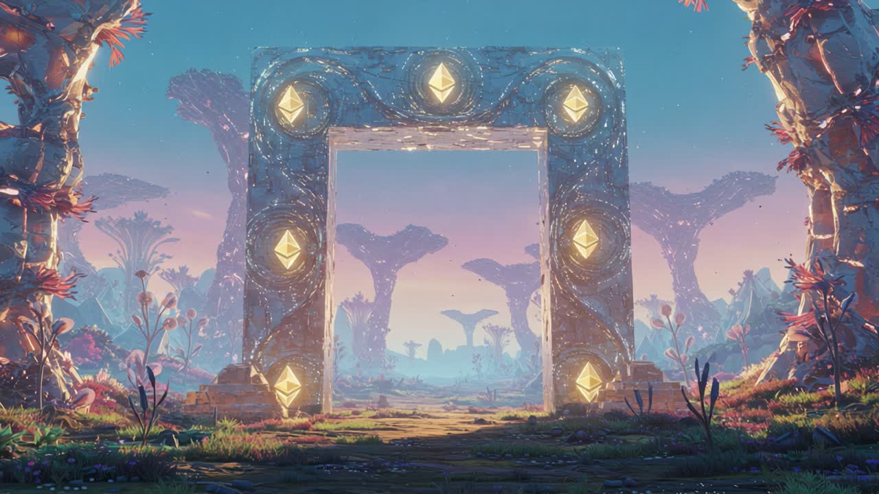 A Mystical Portal Surrounded by Lush Alien Flora and Bioluminescent Features in a Vibrant Landscape, Inviting Explorers into an Enigmatic World Beyond