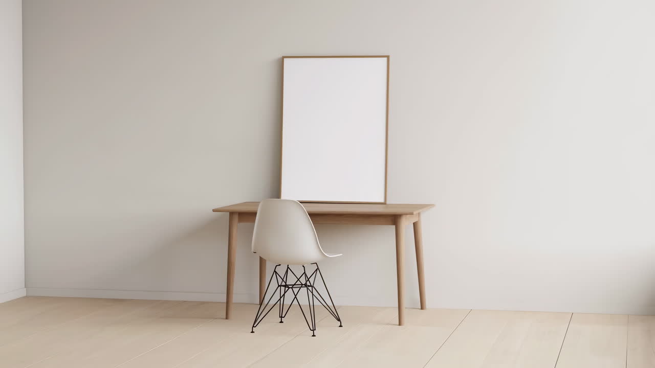 Blank Picture Frame Mockup on Wooden Desk in Minimalist Room
