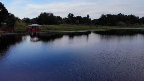 Drone-view-of-lake-trees-over-water-pond-with-a-small-dock-in-water-brackish-water