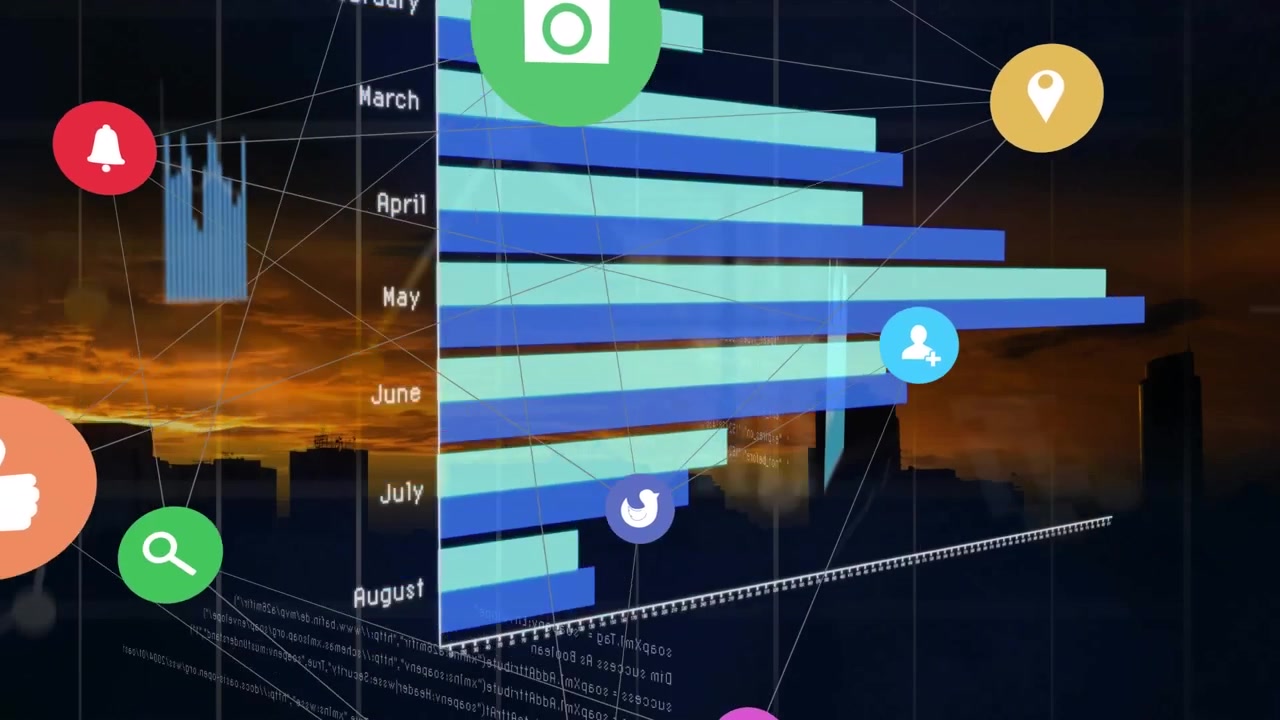 Animation of financial data processing with icons over cityscape