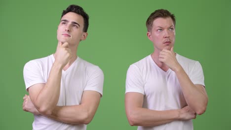 two young handsome men thinking together