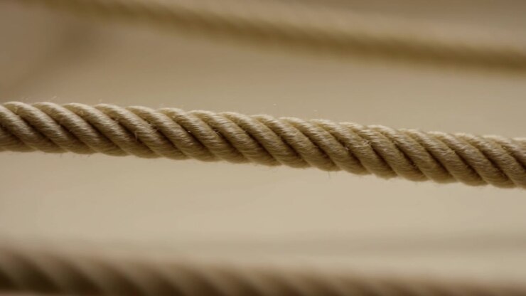 Nahaufnahme beiges gedrehtes Seil, horizontal vor weichem, unscharfem Hintergrund gespannt, das eine grobe Fasertextur, warme neutrale Töne, eine minimale kommerzielle Komposition, geringe Schärfentiefe und ein sauberes Negativ zeigt.