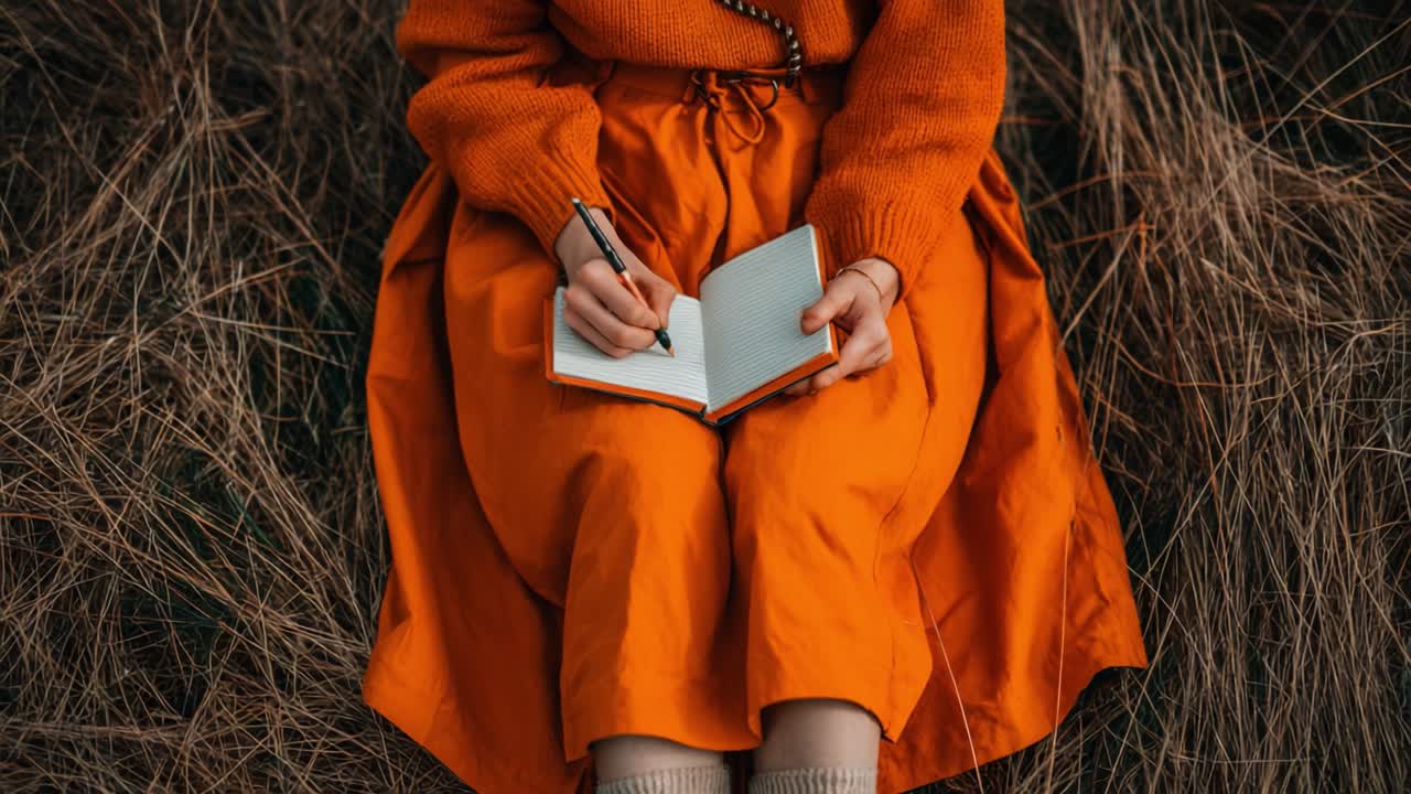 A Person in a Bright Orange Outfit Sitting on Tall Grass While Writing in a Notebook, Capturing Moments of Inspiration and Creativity in Nature