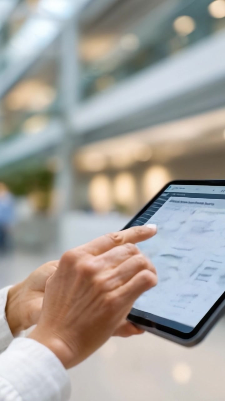 Person Using a Tablet to Navigate Data and Analytics in a Modern Business Environment with Sleek Architecture and Professional Atmosphere