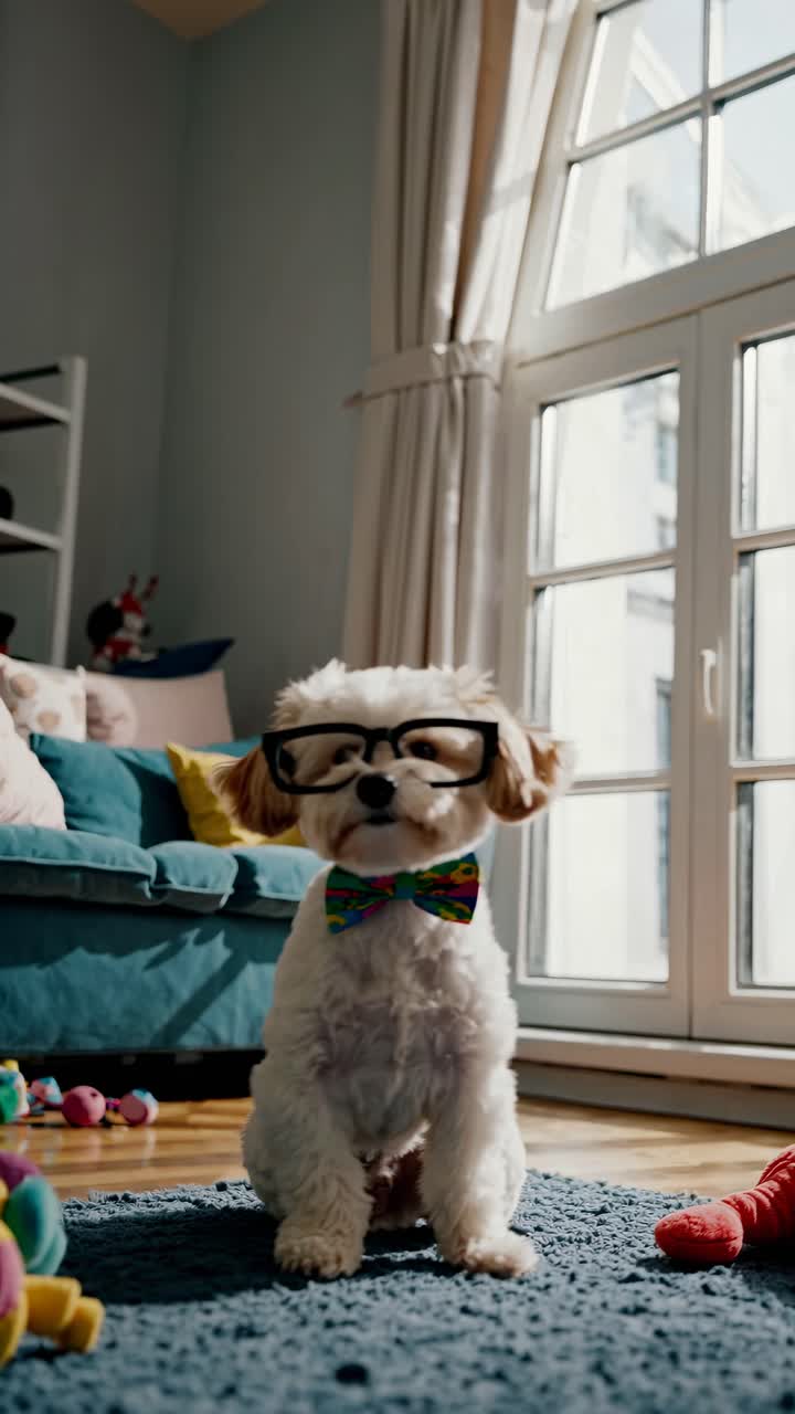 A playful video features a small dog wearing glasses and a bow tie ...