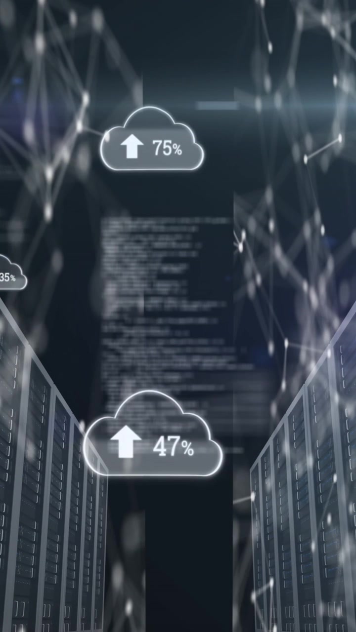 Animation of arrow, numbers in cloud, connected dots and computer language over data server racks