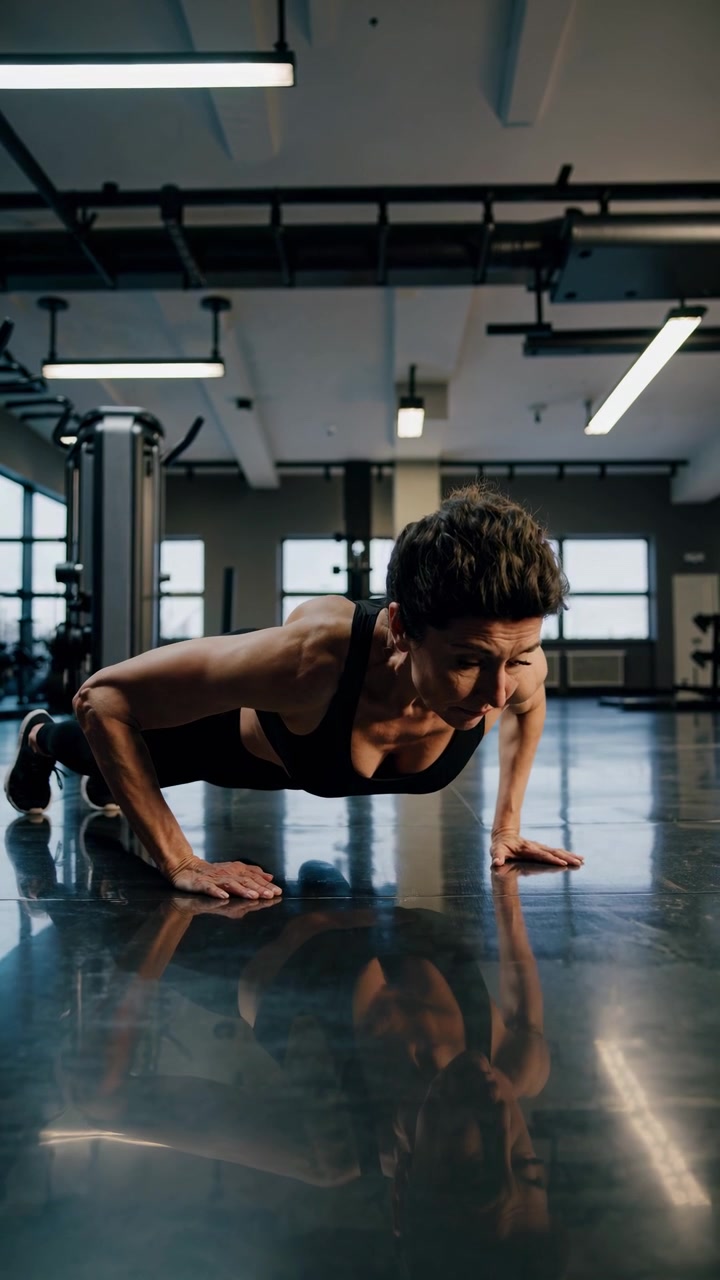 Donna determinata che fa flessioni in una palestra moderna