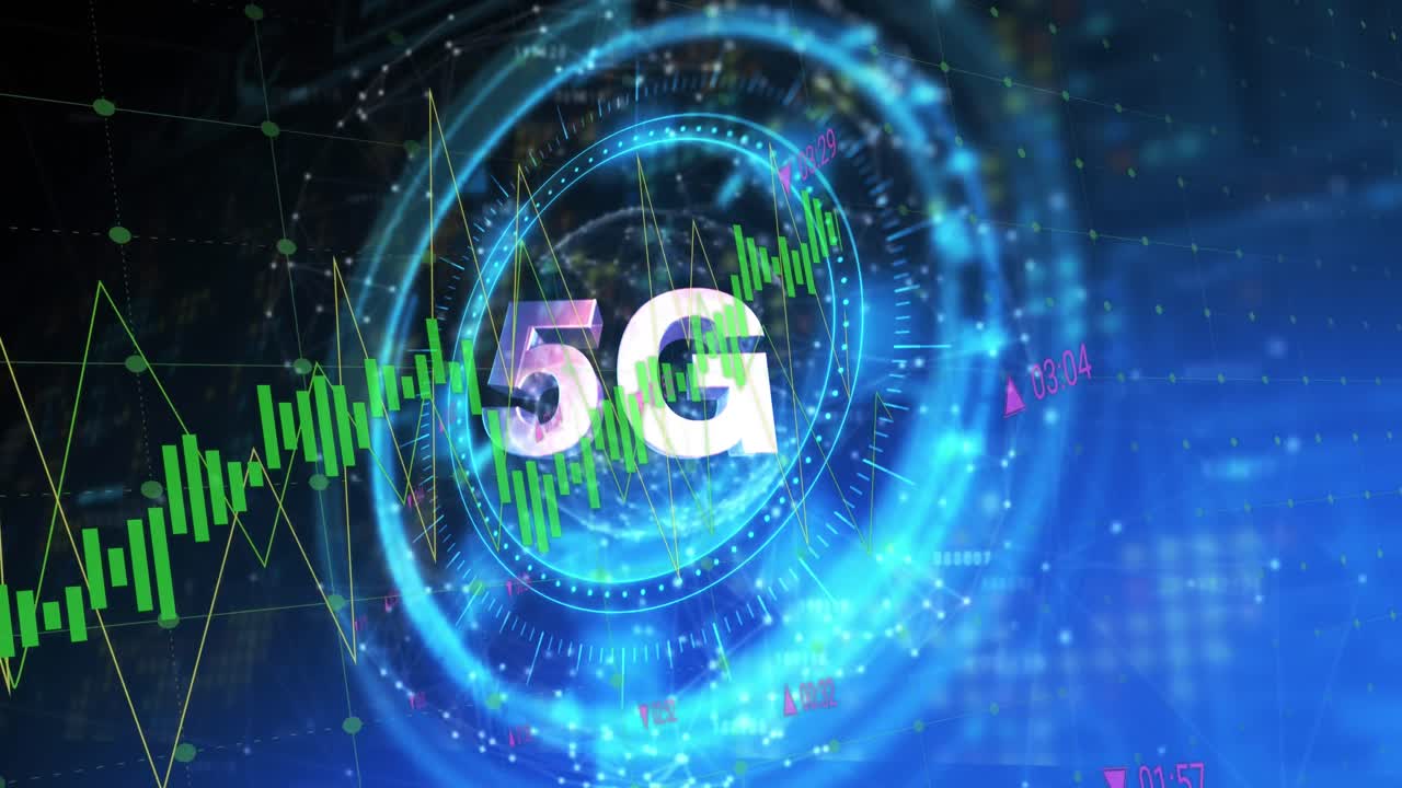 animazione del simbolo 5g sulla serratura rotante della cassaforte e grafici sui dati di elaborazione