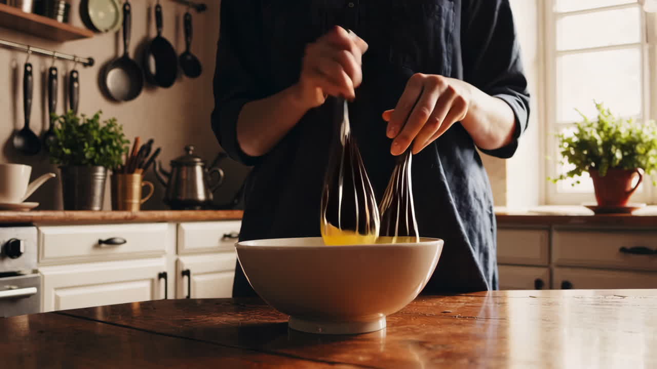 Woman whisking eggs in a kitchen