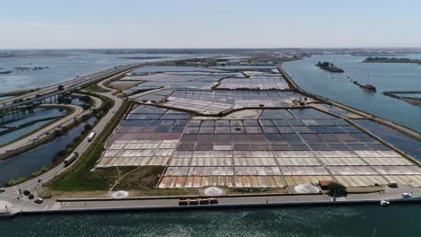 Aerial-view-of-Salt-Fields-in-Aveiro,-Portugal