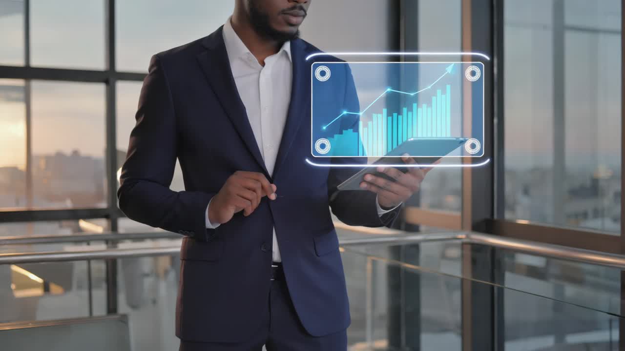 A businessman analyzing financial growth charts on a tablet