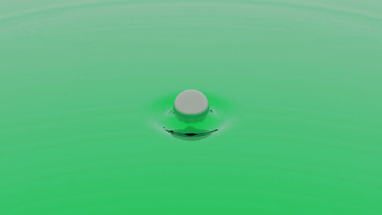 액체 표면에서 추상적으로 점프하는 녹색 공, 원활한 루프, 물 표면에서 파동으로 스프링하는 다채로운 구.