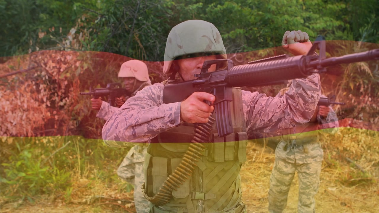 Animation af Tysklands flag over diverse mandlige soldater med våben