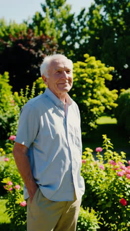 hombre mayor sonriente en un jardín