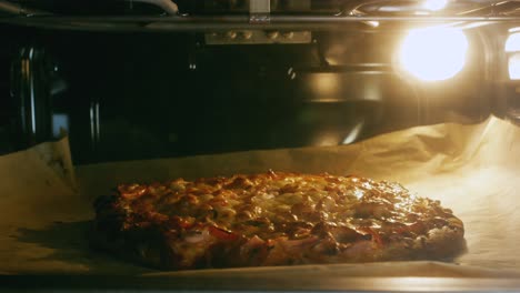 close-up of tasty pizza baking in a modern electric oven at the kitchen. stock footage. traditional italian food