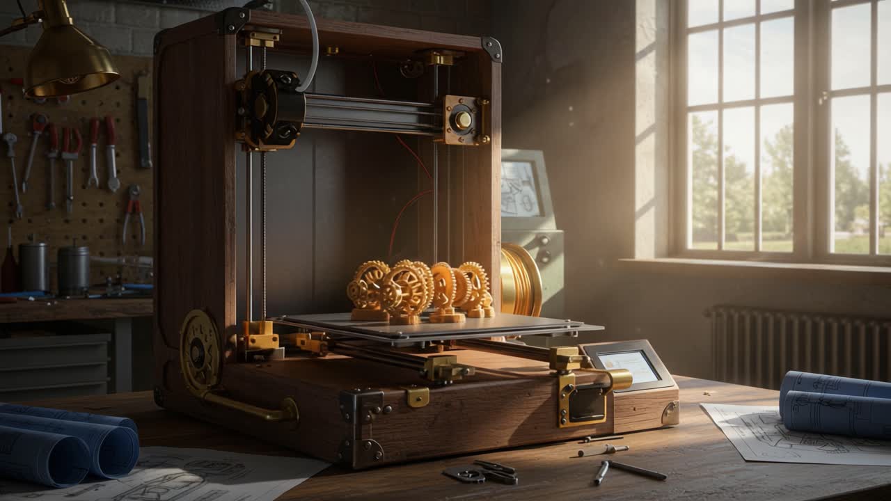 A Vintage-style 3D Printer Capturing the Art of Creation: Mechanical Gears and Intricate Designs Emerge in a Sunlit Workshop Environment