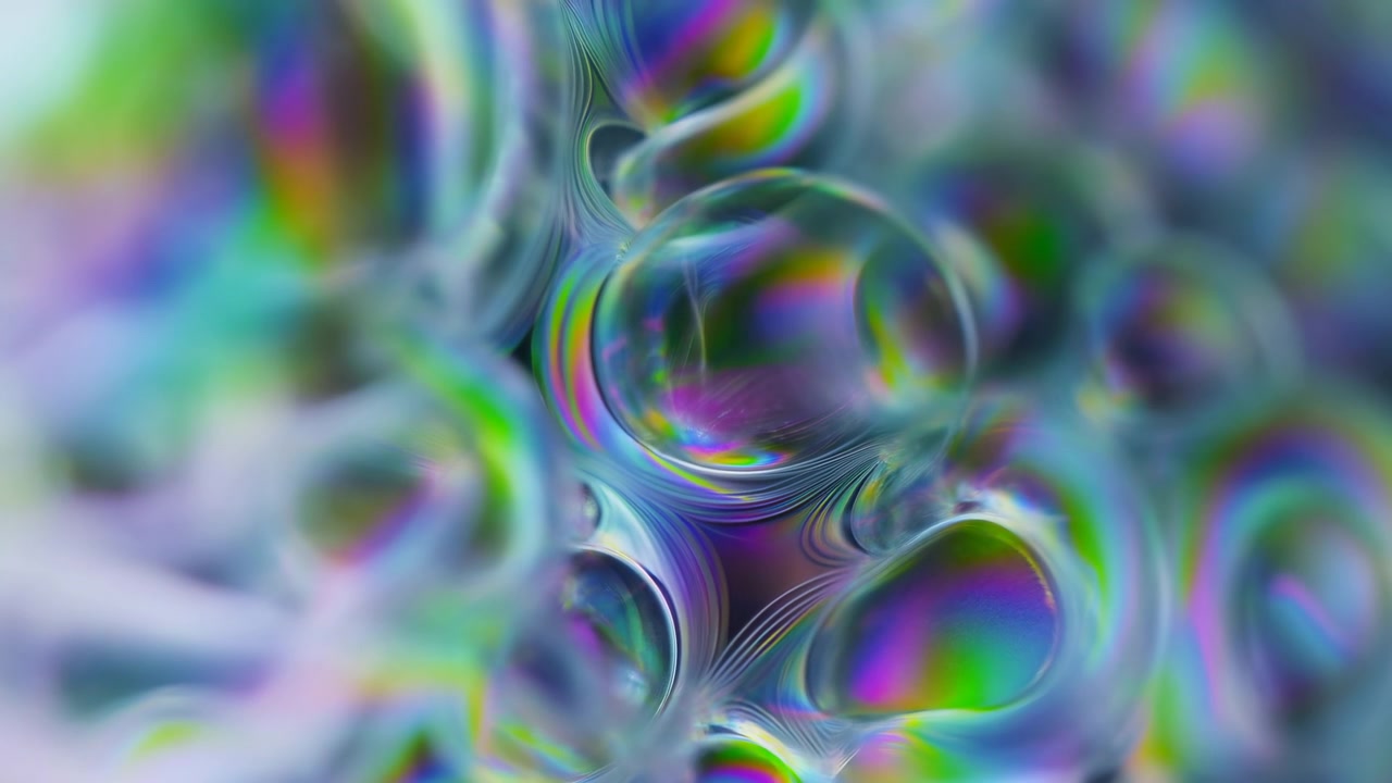 L'inquadratura centrale rivela bolle iridescenti con colori arcobaleno e superfici traslucide, su uno sfondo sognante e delicatamente illuminato.