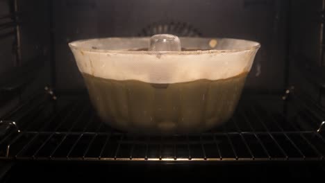 baking of a traditional and delicious bundt cake in a glass mold. pastry slowly rising up above the edge of the form. homemade sponge marble cake. front view into an oven, time lapse video