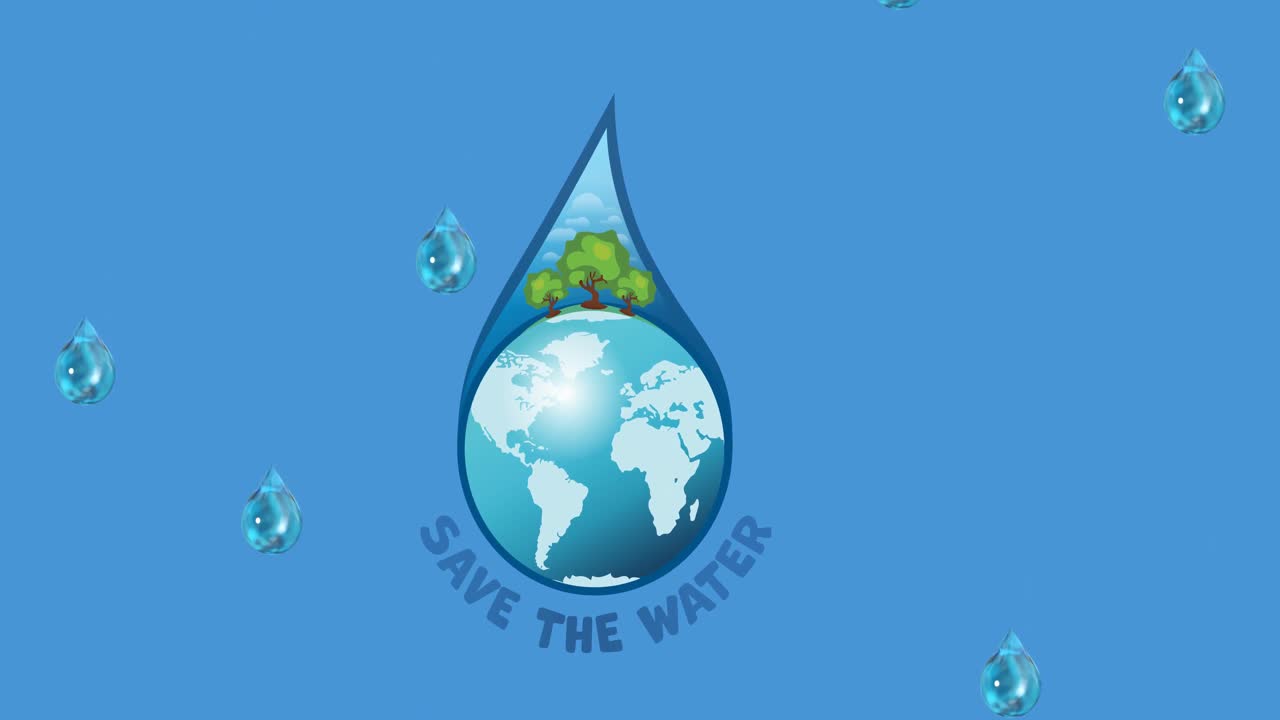 Animation of save the water text, with globe and trees inside falling droplets on blue