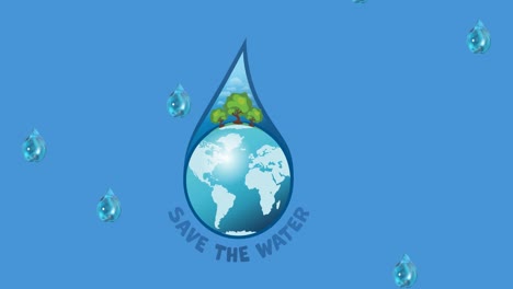 animation of save the water text, with globe and trees inside falling droplets on blue