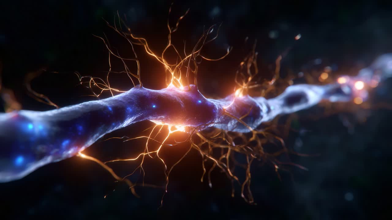 A Stunning Visualization of a Neuron with Glowing Synapses, Capturing the Intricate Structures and Electric Activity within the Nervous System in High Detail