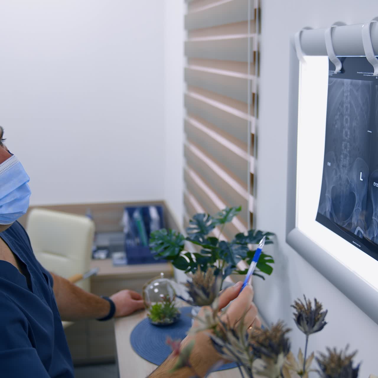 Médico focado olhando para um raio-x e falando. Médico mostra os órgãos na imagem, comentando sobre o problema. Vista superior