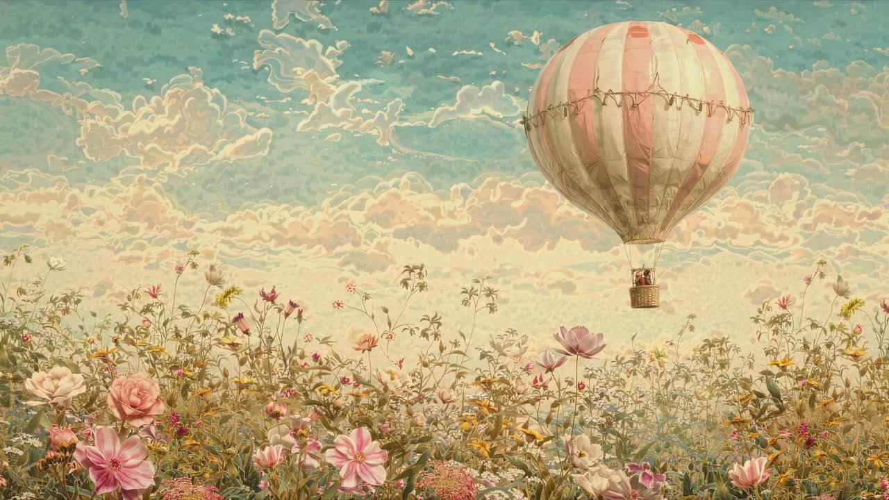 Videokonsept i vintage-stil med en varmluftballong som flyter over en blomstereng