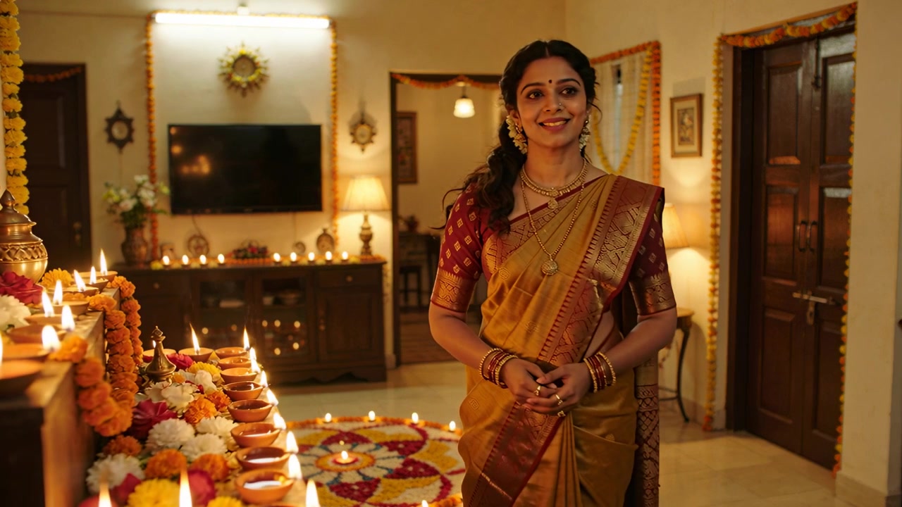 Una donna in sari di seta entra, camminando con le mani giunte e sorridendo a casa, accanto a diya e rangoli per la puja.