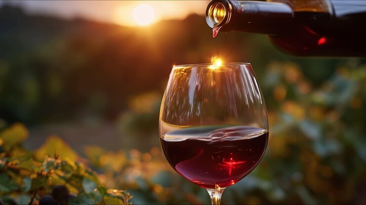 Golden sunset pours red wine into a glass. Vineyard glows softly behind the scene. Liquid flows gracefully, catching light. Sip moment feels warm and intimate