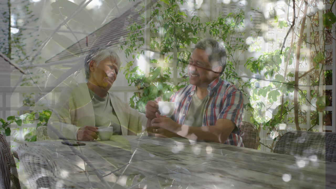 In garden, elderly couple drinking coffee and conversing with animation in sunlight
