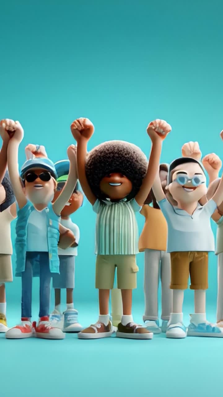 A Diverse Group of Cheerful Cartoon Characters Celebrating and Raising Their Fists in Unity and Joy Against a Bright Blue Background Full of Enthusiasm and Energy