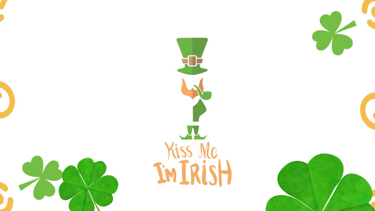 Animação de texto 'beije-me, sou irlandês' com um leprechaun e folhas de trevo em fundo branco