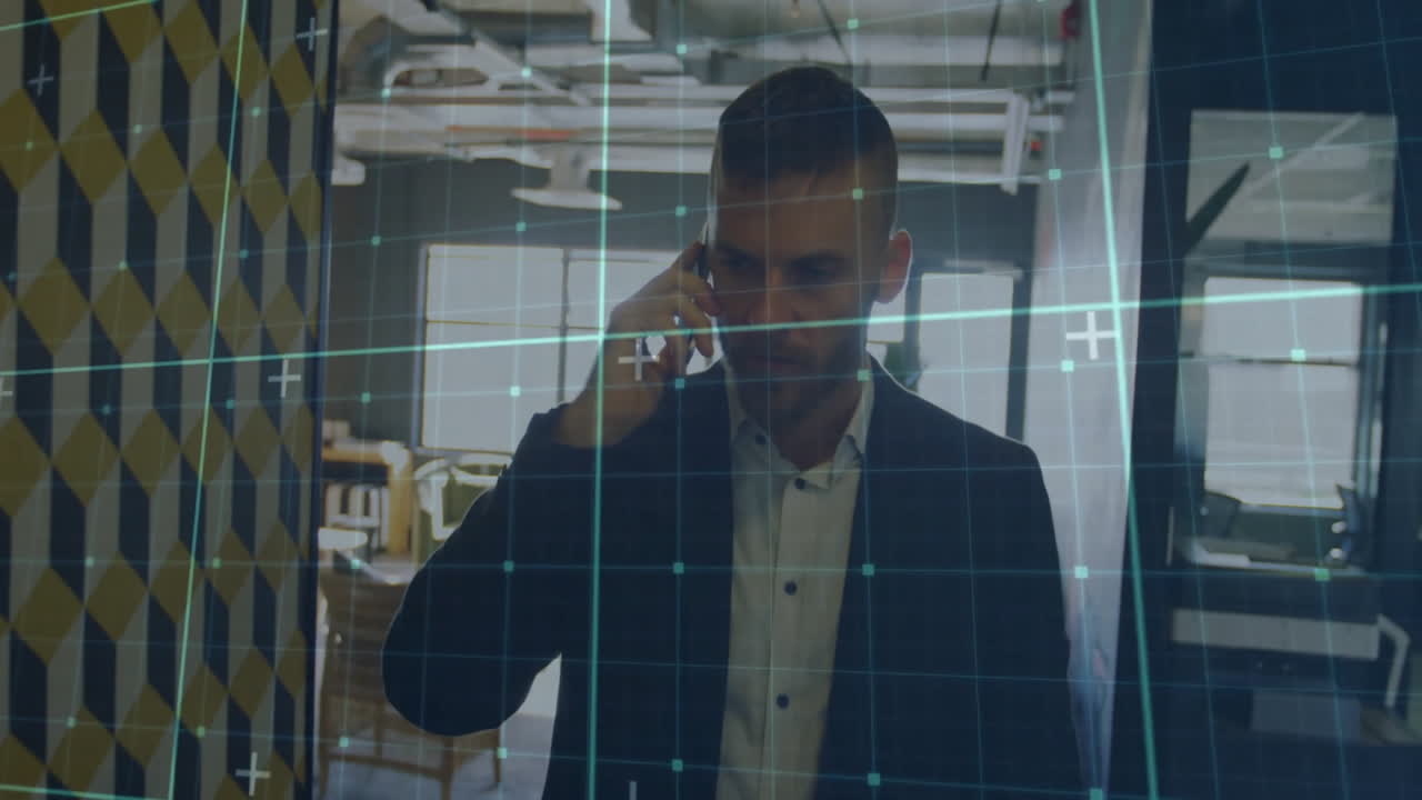 Animation of financial data processing over biracial businessman using smartphone in office
