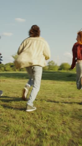 friends running through a park