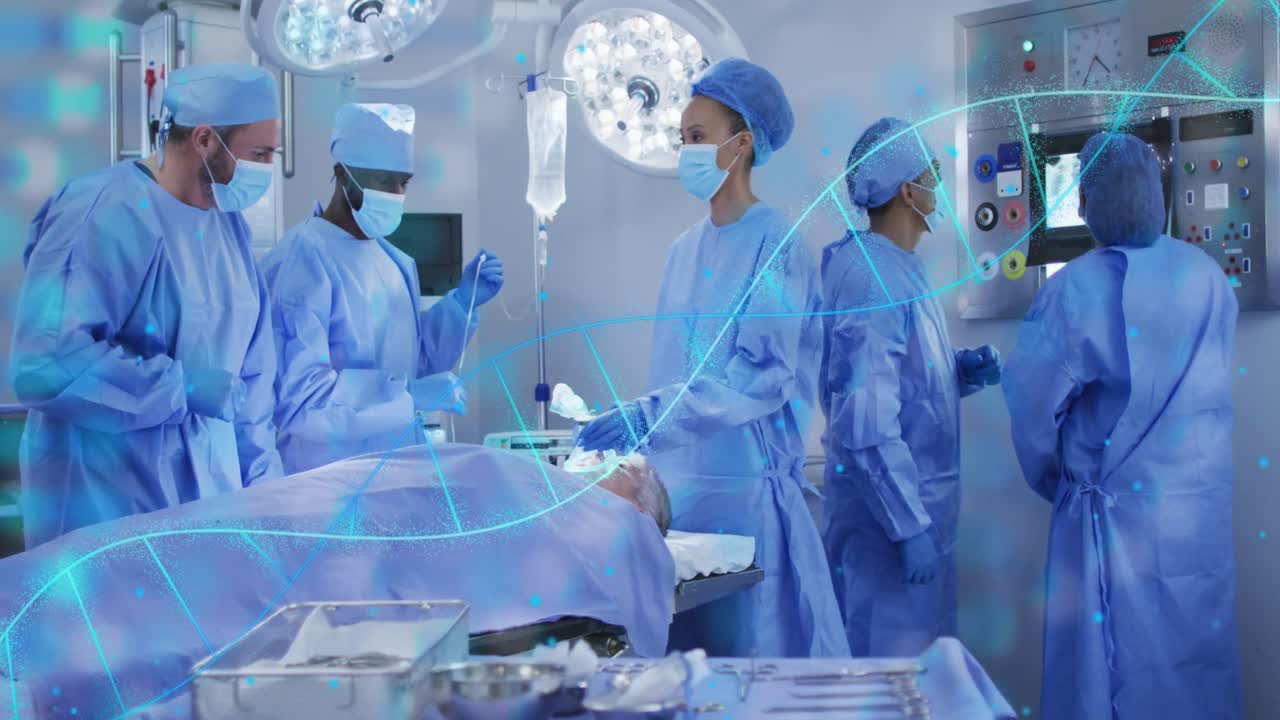 수술 중에 다양한 외과의사에 대한 dna 스트랜드의 애니메이션