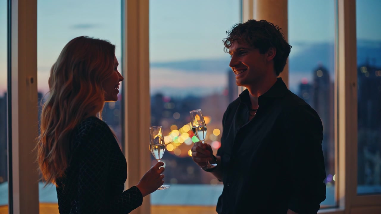 Elegant pair clinking champagne glasses celebrating. Date city window sunset.