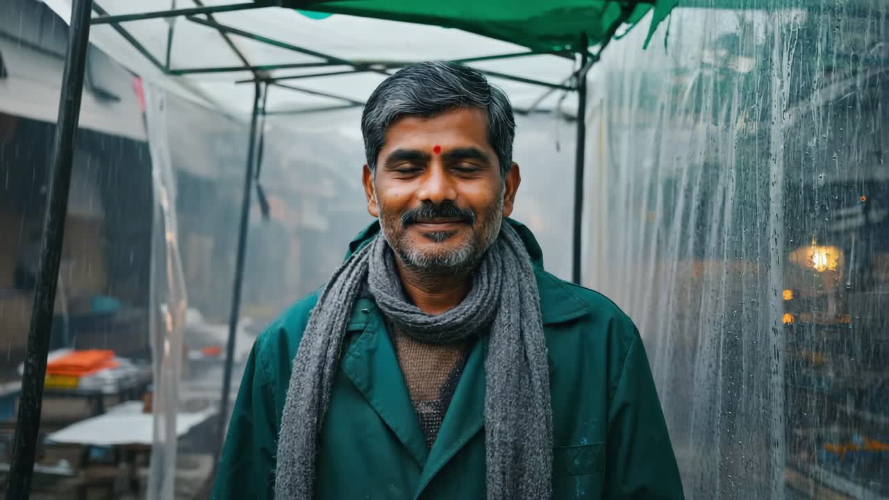 Confident Indian market vendor wearing a green jacket and gray scarf smiles warmly under the awning of his stall, embracing the lively atmosphere on a rainy day