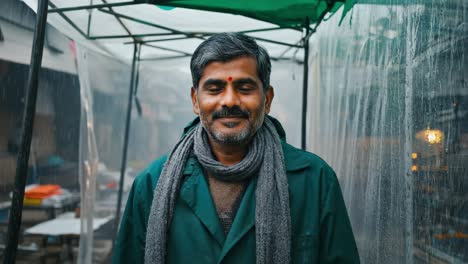 confident indian market vendor wearing a green jacket and gray scarf smiles warmly under the awning of his stall, embracing the lively atmosphere on a rainy day