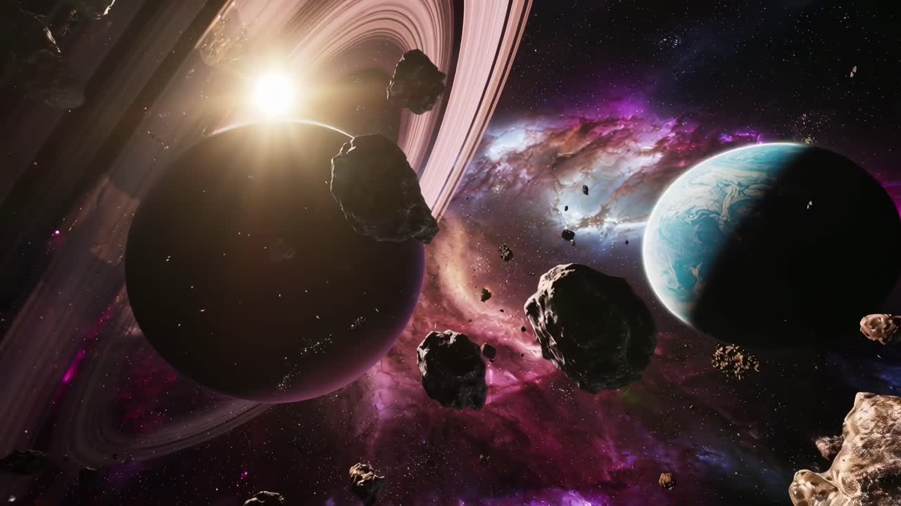 A cosmic video scene with asteroids and planets, captured from a dynamic wide-angle view