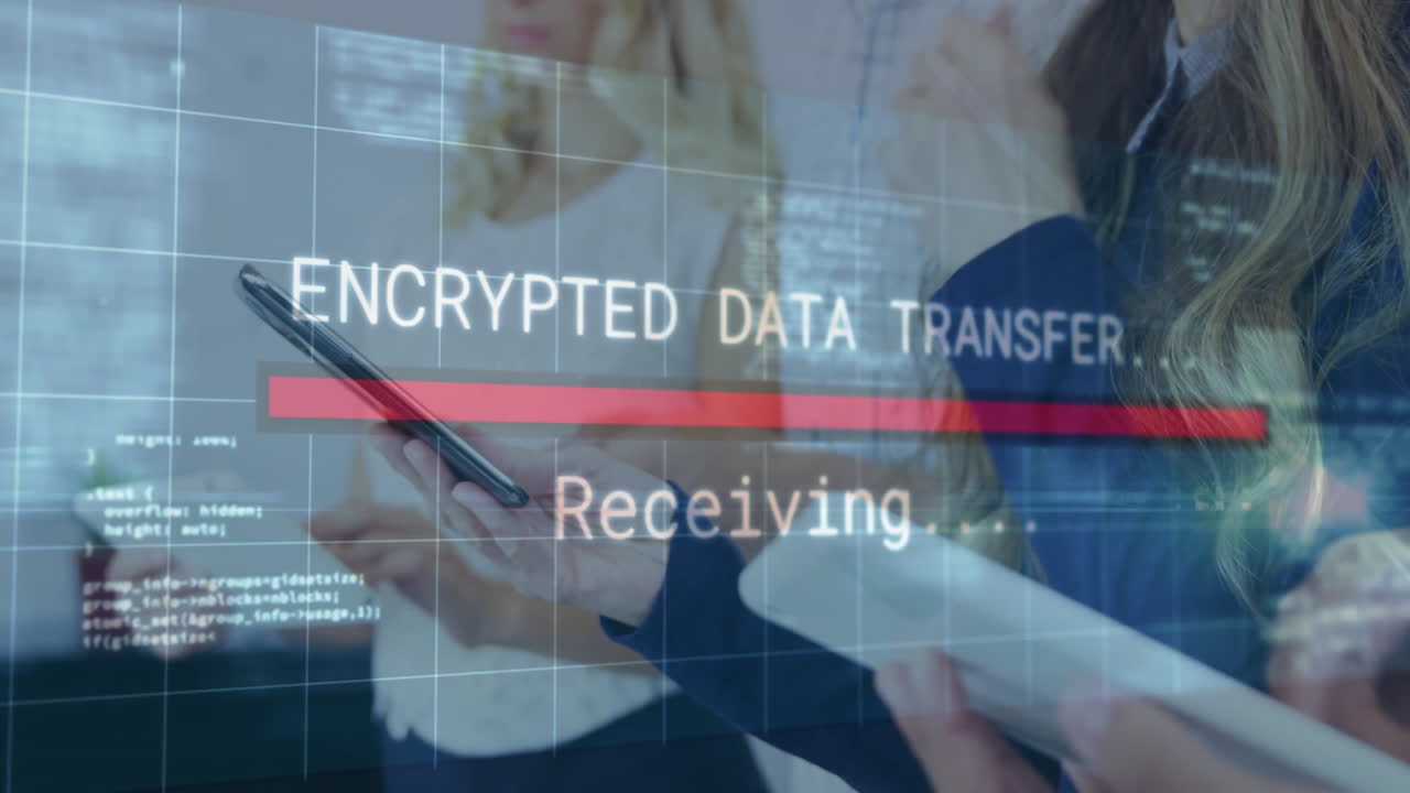 Encrypted data transfer animation over people using smartphones in office