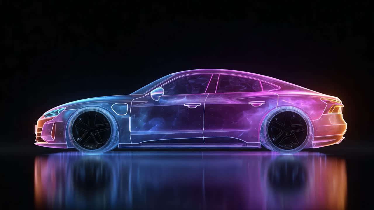 Un design futuristico di un'auto dai colori neon con finitura lucida, che mette in mostra contorni eleganti ed estetica moderna in un ambiente digitale