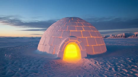 a mesmerizing transformation: the journey of a snowy igloo from daylight to twilight, showcasing its radiant glow against the darkening arctic sky