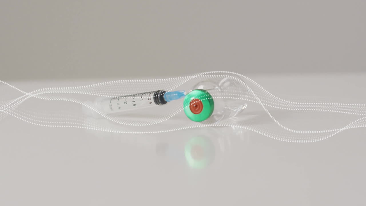 Animation of lines over vial and syringe on white background