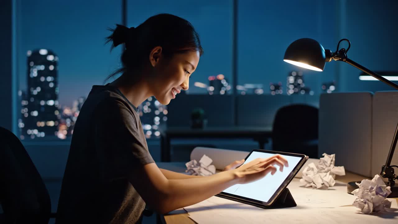 Woman working on a tablet at night in the office