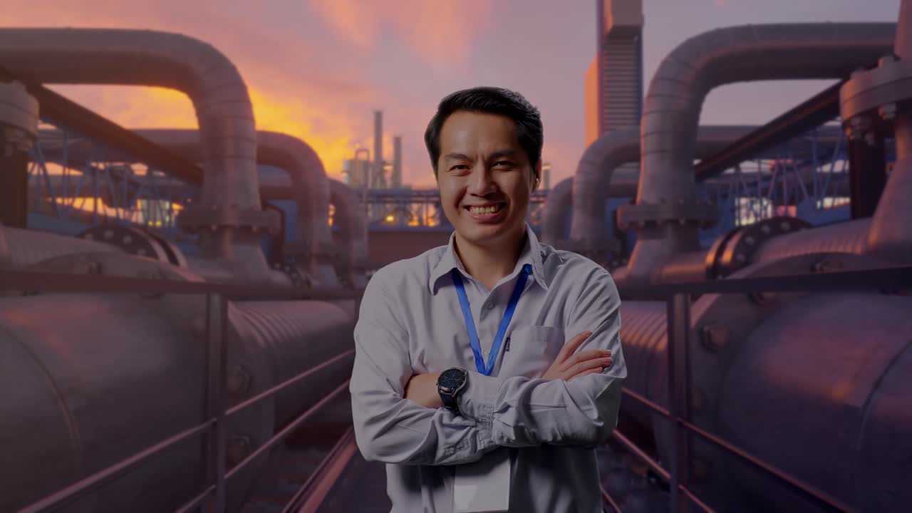 Potret Seorang Pekerja Profesional Pria Asia Berdiri, Jaringan Pipa Industri saat Matahari Terbenam, Senyum Lebarnya ke Kamera dan Menyilangkan Tangannya di Dada.
