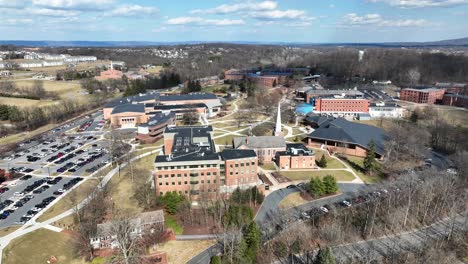 high aerial shot of college campus in america in winter