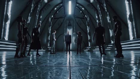 group in a futuristic hall