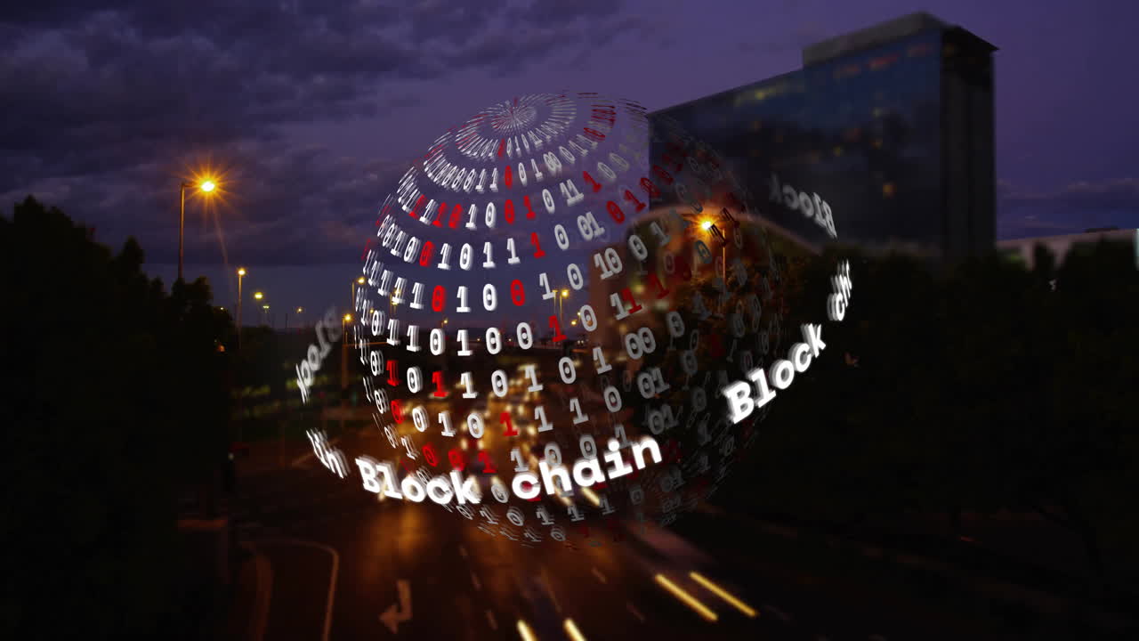 Blockchain data animation over cityscape at night